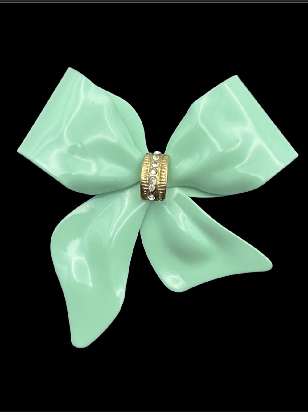 Pastel blue / mint green metal bow w rhinestones silver tone brooch pin vintage